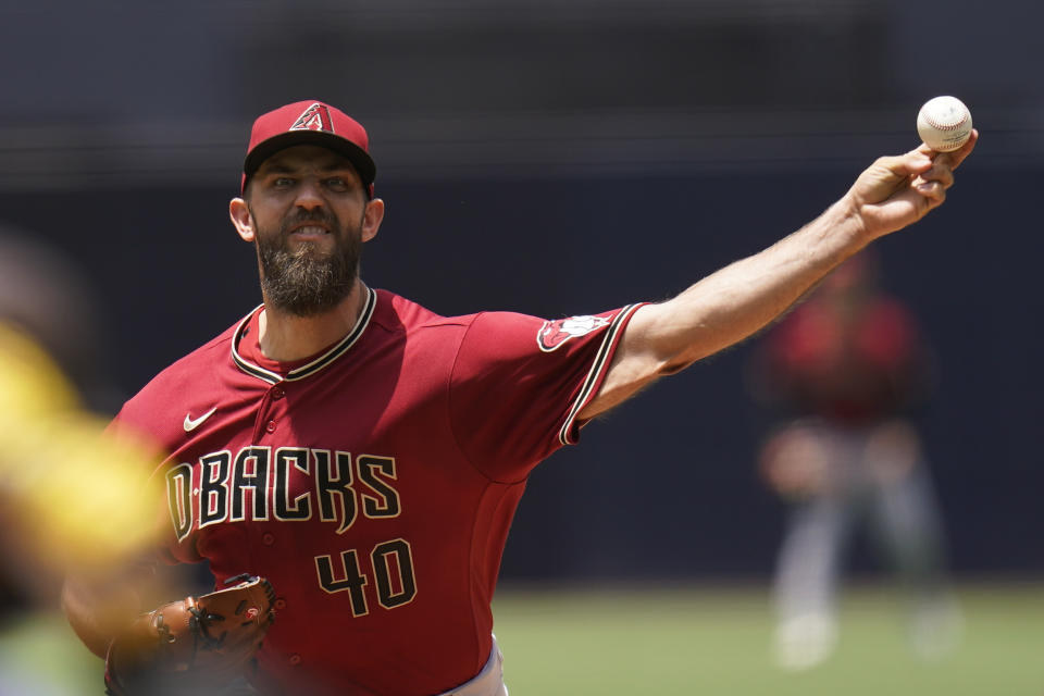 Arizona Diamondbacks starting pitcher Madison Bumgarner works against a San Diego Padres batter during the first inning of a baseball game Wednesday, June 22, 2022, in San Diego. (AP Photo/Gregory Bull)