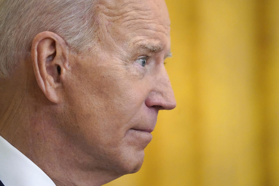 President Joe Biden listens to a question during a news conference in the East Room of the White House, Thursday, March 25, 2021, in Washington. (AP Photo/Evan Vucci)