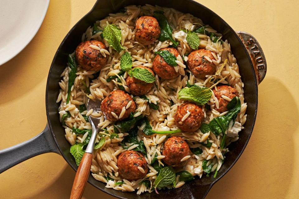 Baked Minty Meatballs With Lemony Orzo