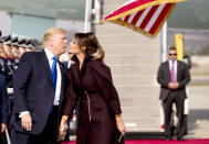 <p>President Donald Trump kisses first lady Melania Trump as they arrive at Osan Air Base in Pyeongtaek, South Korea, Tuesday, Nov. 7, 2017. (Photo: Andrew Harnik/AP) </p>