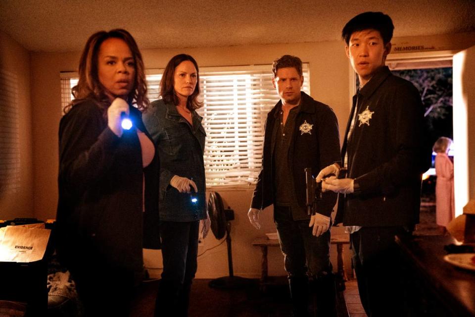 L-R: Paula Newsome as Maxine Roby, Jorja Fox as Sara Sidle, Matt Lauria as Josh Folsom, and Jay Lee as Chris Park in “CSI: Vegas” on CBS.