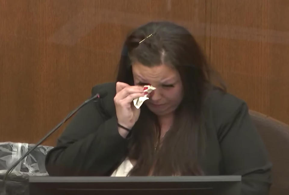 In this image taken from pool video, Katie Bryant, the mother of Daunte Wright, testifies Wednesday, Dec. 8, 2021, at the Hennepin County Courthouse in Minneapolis, Minn. ,in the trial of former Brooklyn Center police Officer Kim Potter in the April 11, 2021, death of Daunte Wright, (Court TV, via AP, Pool)