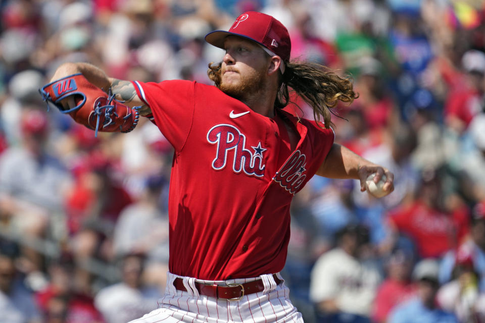 Philadelphia Phillies starting pitcher Bailey Falter delivers to the Tampa Bay Rays during the first inning of a spring training baseball game Tuesday, March 7, 2023, in Clearwater, Fla. (AP Photo/Chris O'Meara)