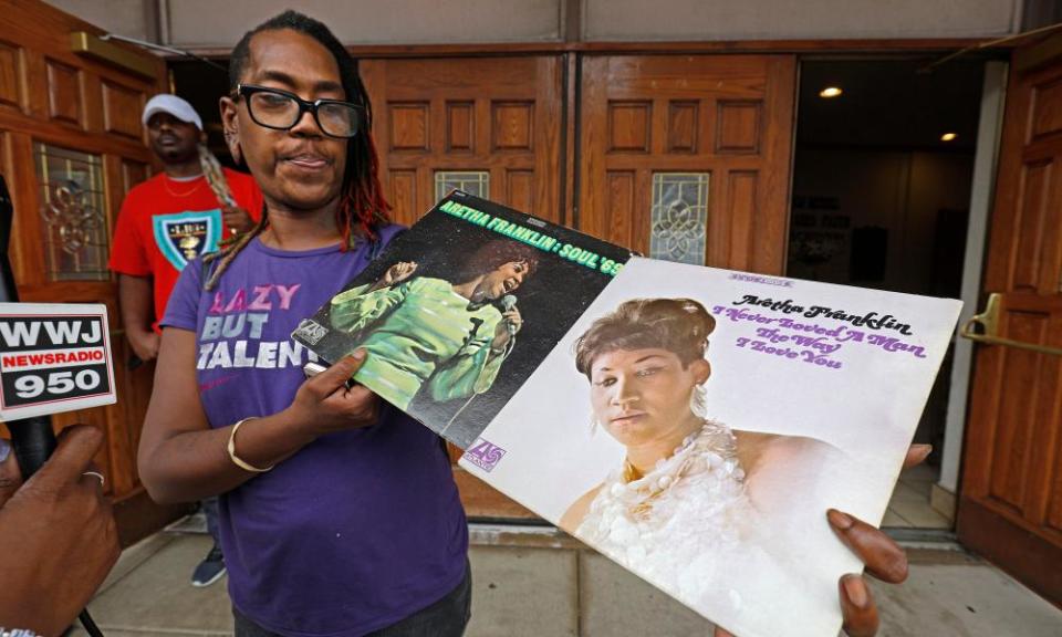 Fans of Aretha Franklin with old vinyl records outside the New Bethel Baptist church. Franklin’s father led the church for three decades and Aretha sang gospel there.