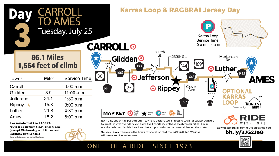 Final map for Day 3 of RAGBRAI's 50th anniversary ride, July 25