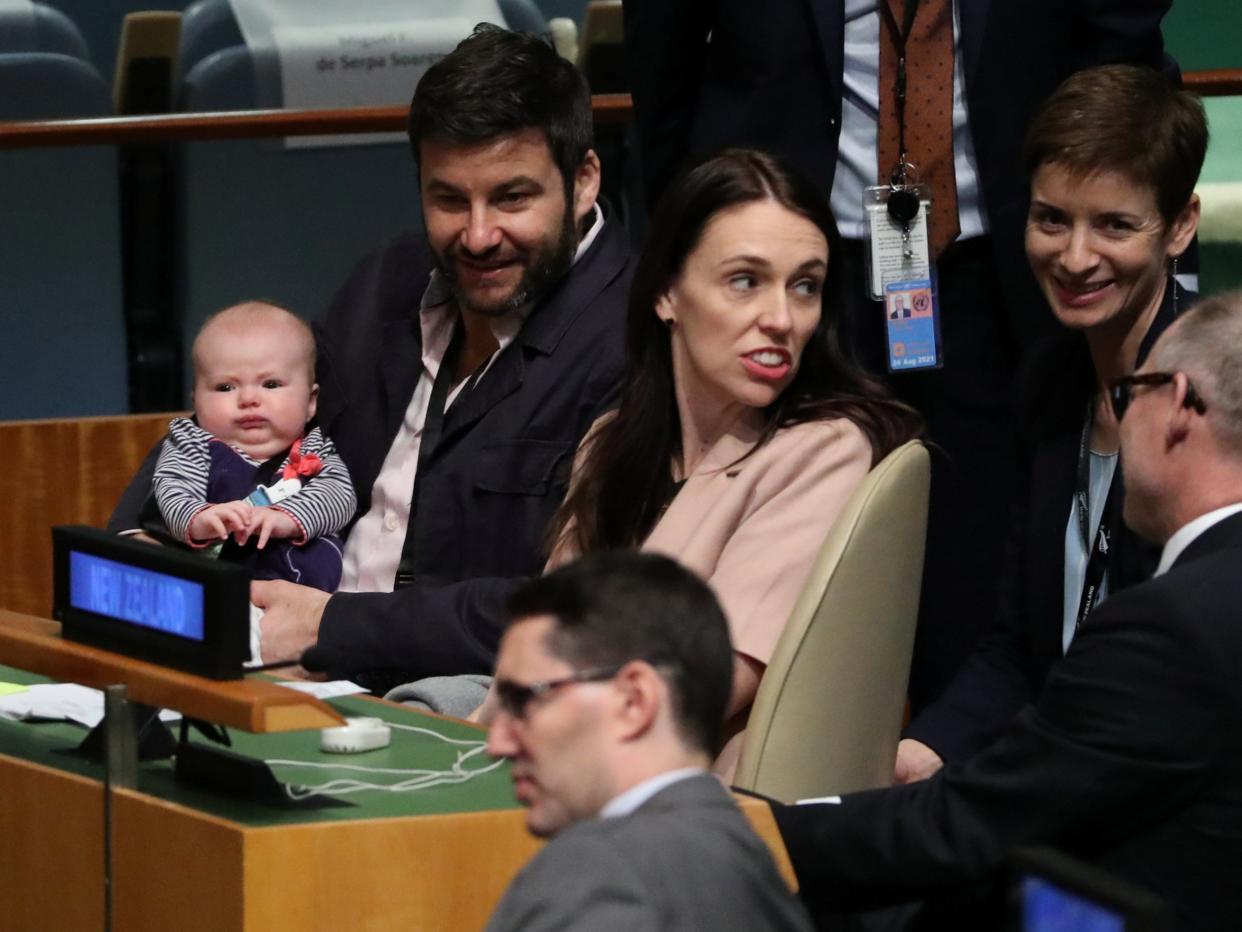 New Zealand Prime Minister Jacinda Ardern sits with her baby Neve at the UN: REUTERS