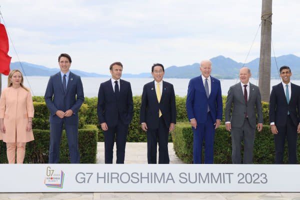 G7 leaders (left to right), Italian Premier Giorgia Meloni, Canada's Prime Minister Justin Trudeau, French President Emmanuel Macron, Japanese Prime Minister Fumio Kishida, US President Joe Biden, German Chancellor Olaf Scholz, and UK Prime Minister Rishi Sunak , pose for a group photo before the second day of the G7 summit meeting on Saturday May 20, 2023 in Hiroshima, Japan. Japan hosts The G7 summit in Hiroshima from 19-22 May. Photo by Japan's PM Press Office/ UPI