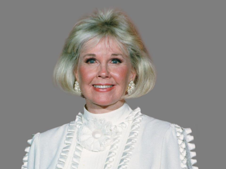 Doris Day headshot, actress, graphic element on gray