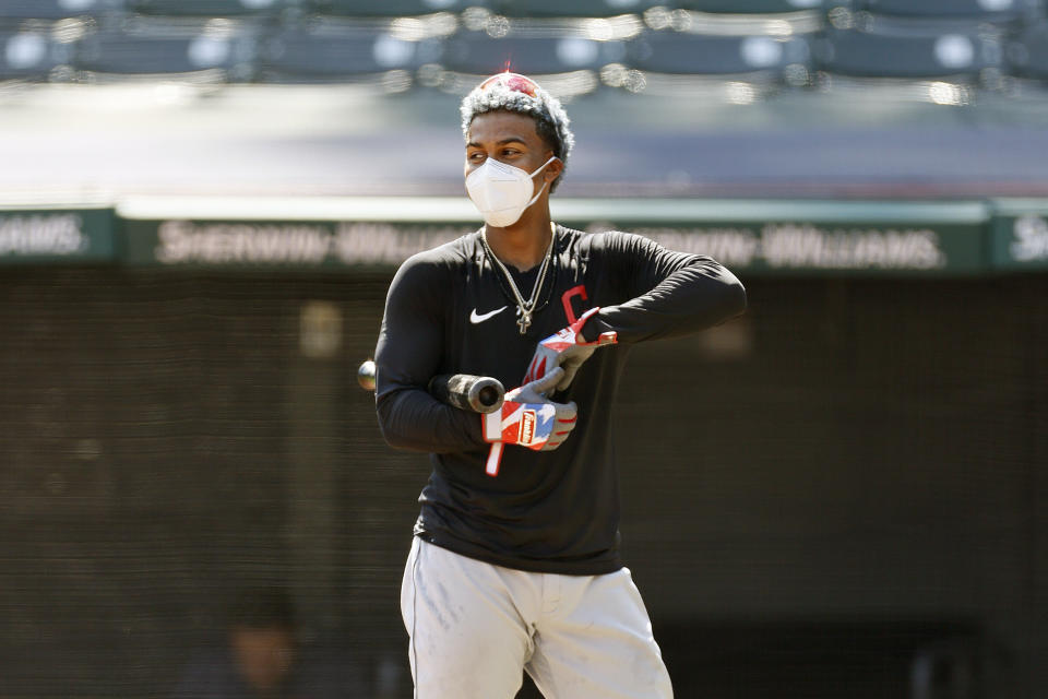 Cleveland Indians' Francisco Lindor prepares to take batting practice during baseball practice, Monday, July 6, 2020, in Cleveland. (AP Photo/Ron Schwane)