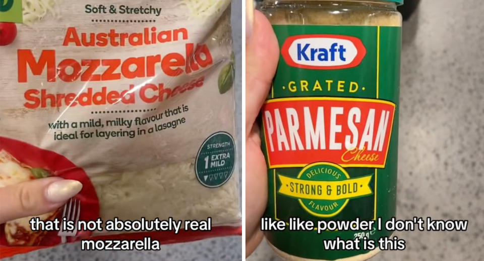 Woolworths shredded Mozzarella cheese; Kraft grated Parmesan cheese