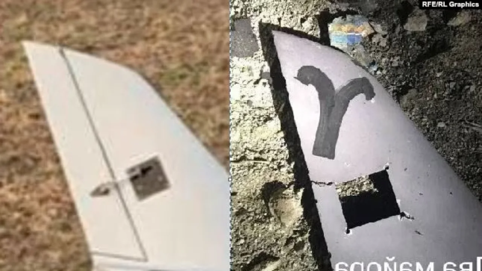 A fragment of a photo of a SkyEye drone (left) and the wreckage of a drone believed to have crashed on March 20 in Dzhankoi (right) <span class="copyright">RFE/RL</span>