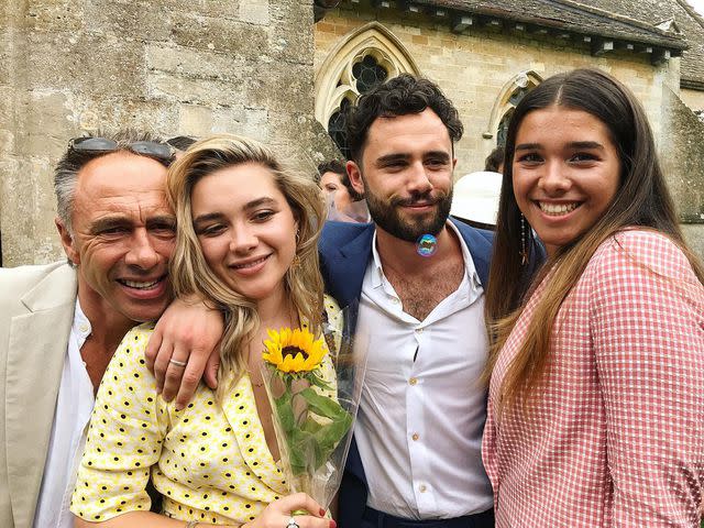 <p>Toby Sebastian Instagram</p> Florence Pugh with her siblings Toby Sebastian and Raffie Pugh and dad Clinton Pugh.