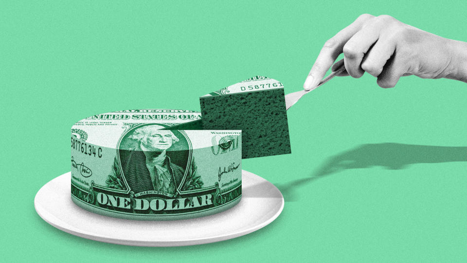  Illustration of a cake covered with a dollar bill, and a hand picking up a slice. 