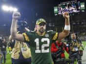 Sep 9, 2018; Green Bay, WI, USA; Green Bay Packers quarterback Aaron Rodgers (12) celebrates after beating the Chicago Bears at Lambeau Field. Mandatory Credit: Benny Sieu-USA TODAY Sports