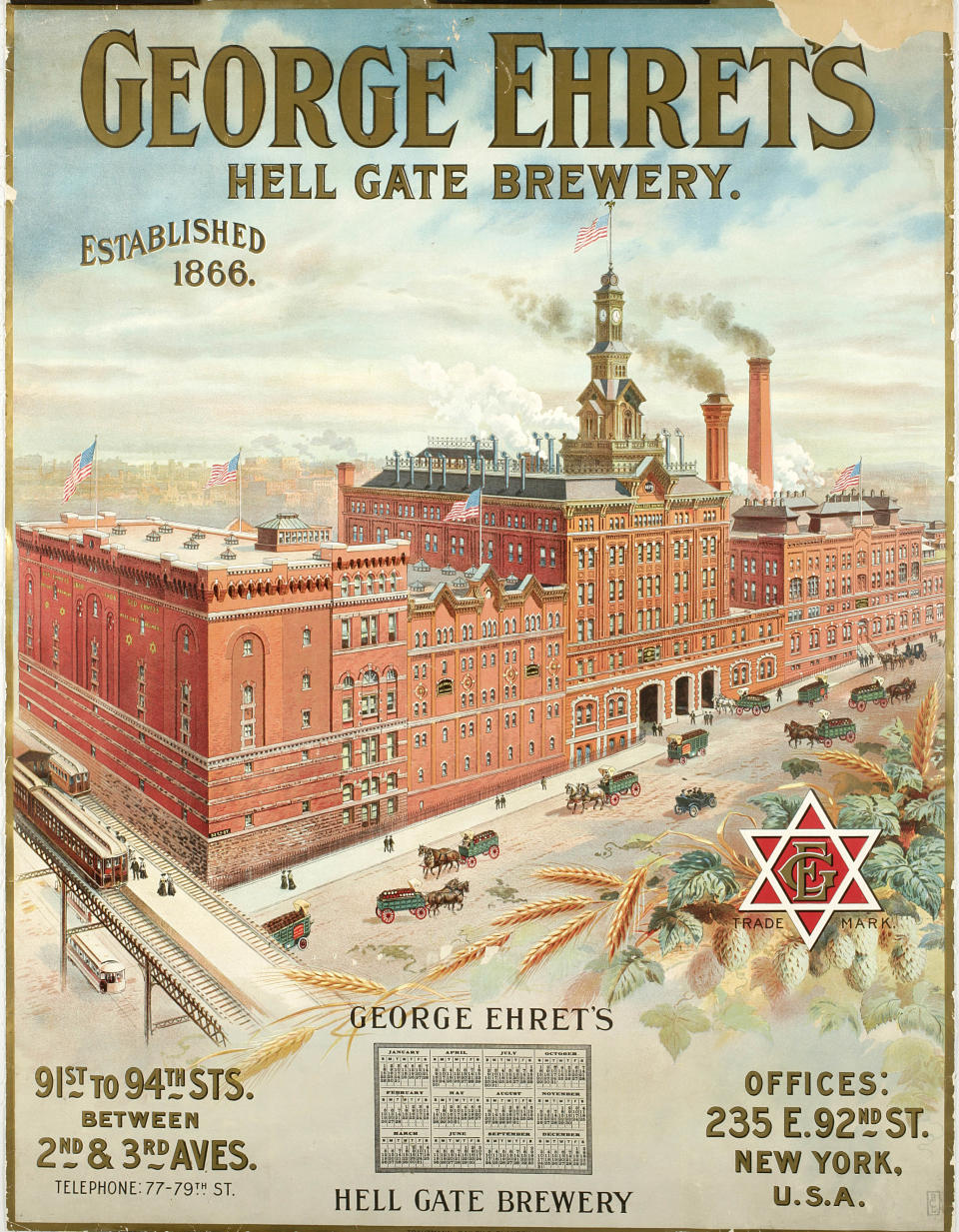 This undated photo provided by the New-York Historical Society shows a color lithograh of “George Ehret’s Hell Gate Brewery,” which will be a part of the uncoming exhibit "Beer Here," featuring a small beer hall and the chance to try a selection of New York City and state artisanal beers. (AP Photo/ New-York Historical Society)