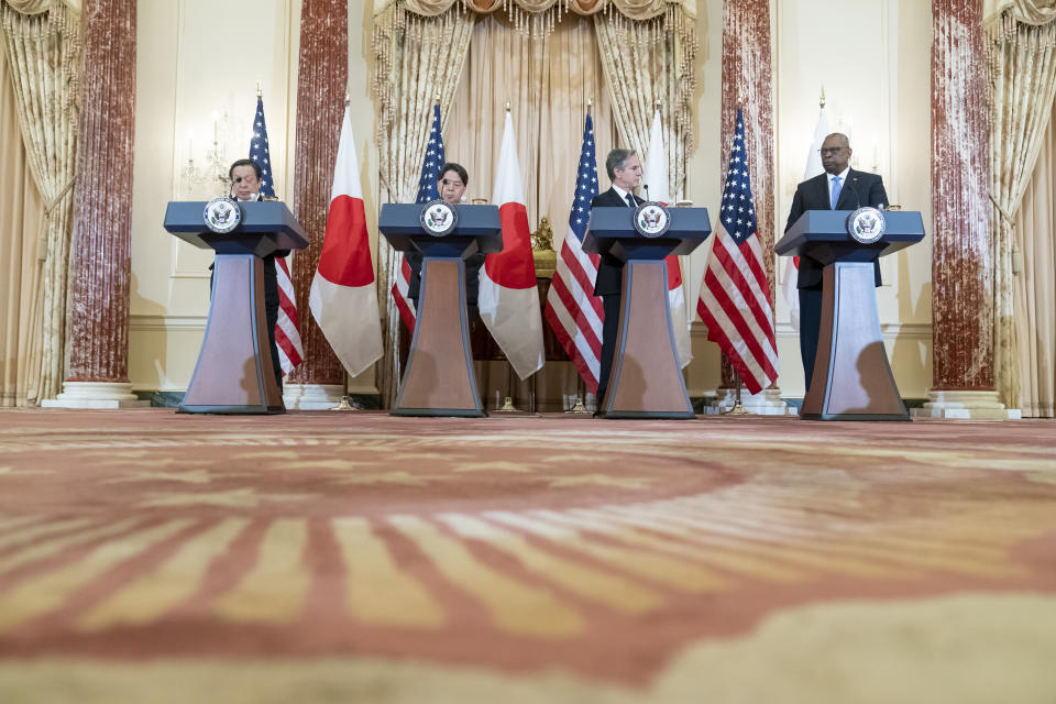 Japanese Defense Minister Yasukazu Hamada, Japanese Foreign Minister Hayashi Yoshimasa, Secretary of State Antony Blinken, and Secretary of Defense Lloyd Austin, speak during a news conference at the State Department, Wednesday, Jan. 11, 2023, in Washington. (AP Photo/Alex Brandon)