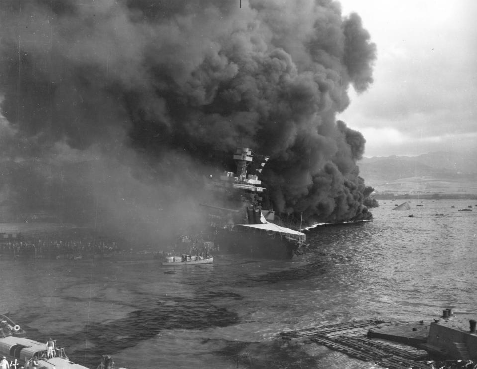 This US Navy file image shows the USS California burning after the Japanese attack on Pearl Harbor on December 7, 1941.
