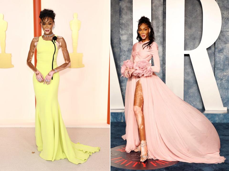 A side-by-side of Winnie Harlow at the Oscars and the Vanity Fair Oscars After Party in 2023.