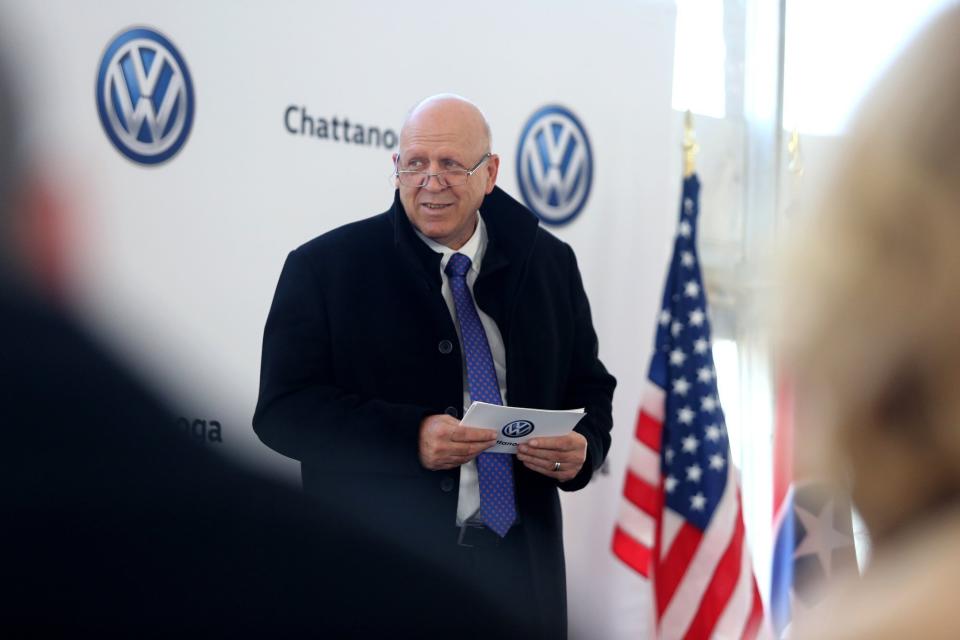 Volkswagen Chattanooga Chief Executive Officer Tom du Plessis speaks during the groundbreaking event for the Volkswagen electric vehicle facility at the Volkswagen plant Wednesday, Nov. 13, 2019 in Chattanooga, Tenn. Volkswagen is making Tennessee its North American base for electric vehicle production, breaking ground on an $800 million expansion at the plant in Chattanooga. (Erin O. Smith/Chattanooga Times Free Press via AP)