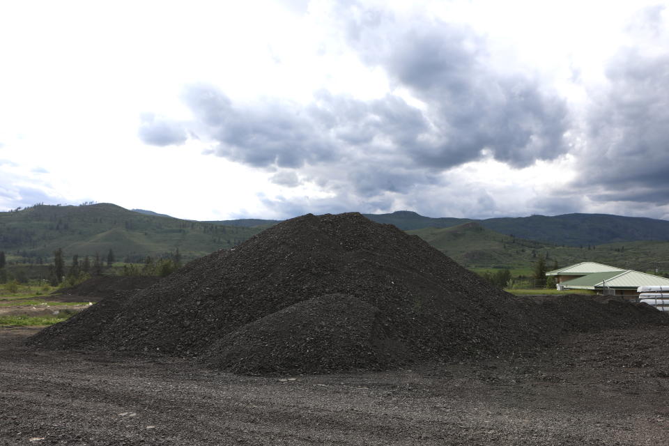 The stockpile of RAP, stored nearby the community pow wow arbour and water treatment facility, on May 15. Photo by Aaron Hemens