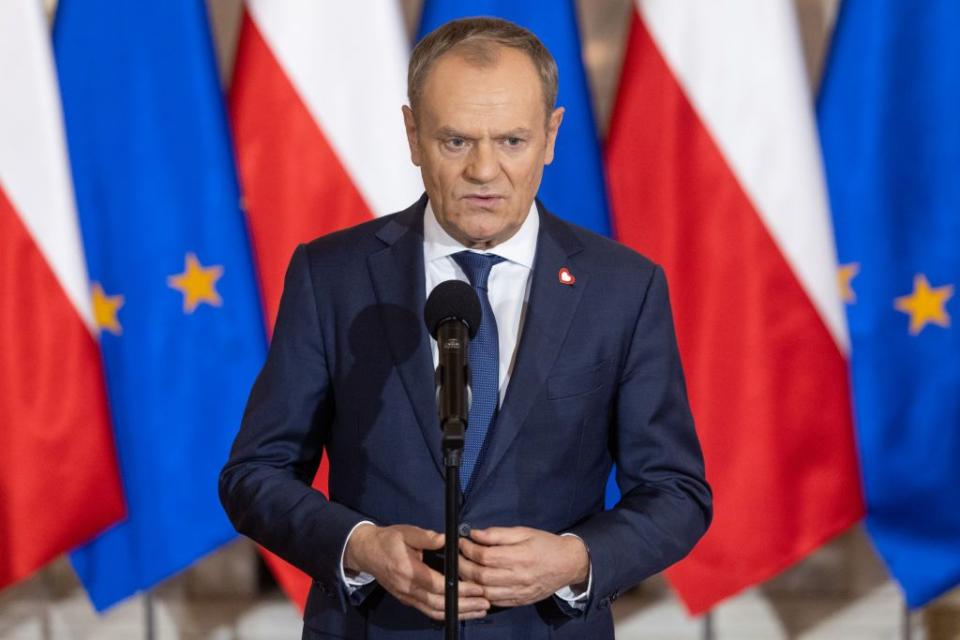 Polish Prime Minister Donald Tusk speaks during a press conference after a government meeting in Warsaw, Poland, on Jan. 3, 2024. (Foto Olimpik/NurPhoto via Getty Images)