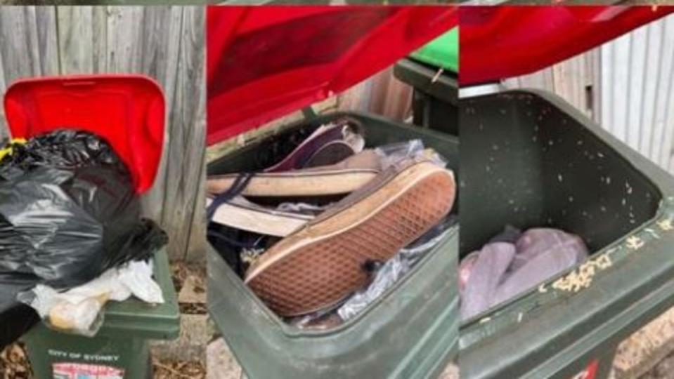Bins in Erskineville overflowing with rubbish, waste and maggots. Picture: Supplied.
