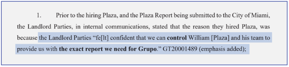 An April 2024 court filing by Grupo Sur quotes a portion of an April 2022 email in which a consultant for the landlords suggested they could “control” an engineering firm.