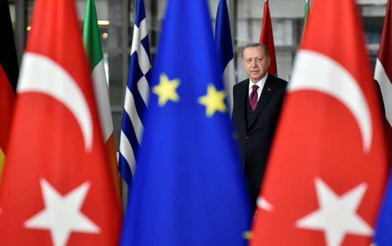 Le président turc Recep Tayyip Erdogan avant une rencontre avec les  présidents de la Commission européenne et du Conseil européen à Bruxelles, le 9 mars 2020 - JOHN THYS © 2019 AFP