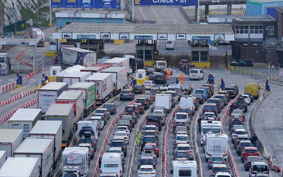Traffic queues for ferries at the Port of Dover in Kent this morning - Gareth Fuller/PA Wire