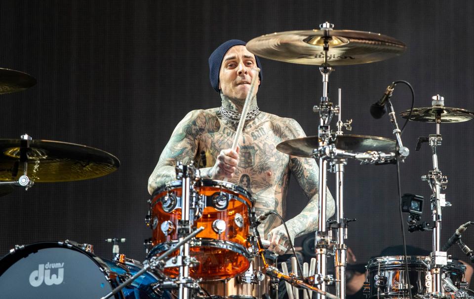 Blink-182 drummer Travis Barker performs April 14 during the Coachella Valley Music and Arts Festival in Indio, Calif.