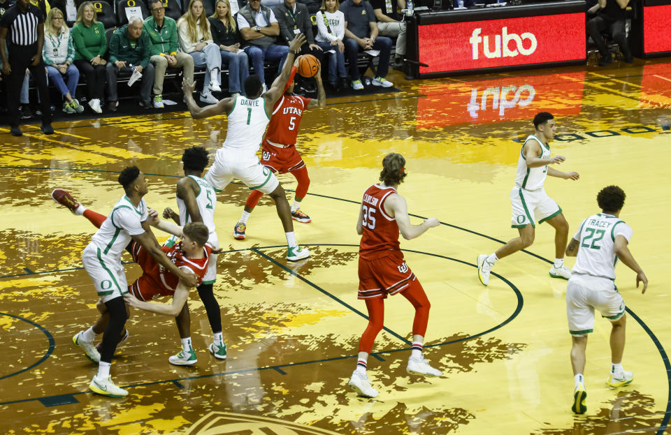 Oregon plays Utah during the first half of an NCAA college basketball game in Eugene, Ore., Saturday, March 9, 2024. (AP Photo/Thomas Boyd)