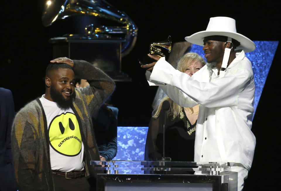 Calmatic, left, and Lil Nas X accept the award for best music video for "Old Town Road (Official Movie)" at the 62nd annual Grammy Awards on Sunday, Jan. 26, 2020, in Los Angeles. (Photo by Matt Sayles/Invision/AP)