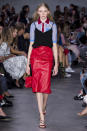 <p><i>Model wears a red and blue lace polo shirt and red leather skirt from the SS18 No.21 collection. (Photo: ImaxTree) </i></p>