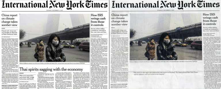 The Asian edition of the International New York Times has been censored in Thailand for the second time in 10 weeks, as its local printer declined to run an article on the front page