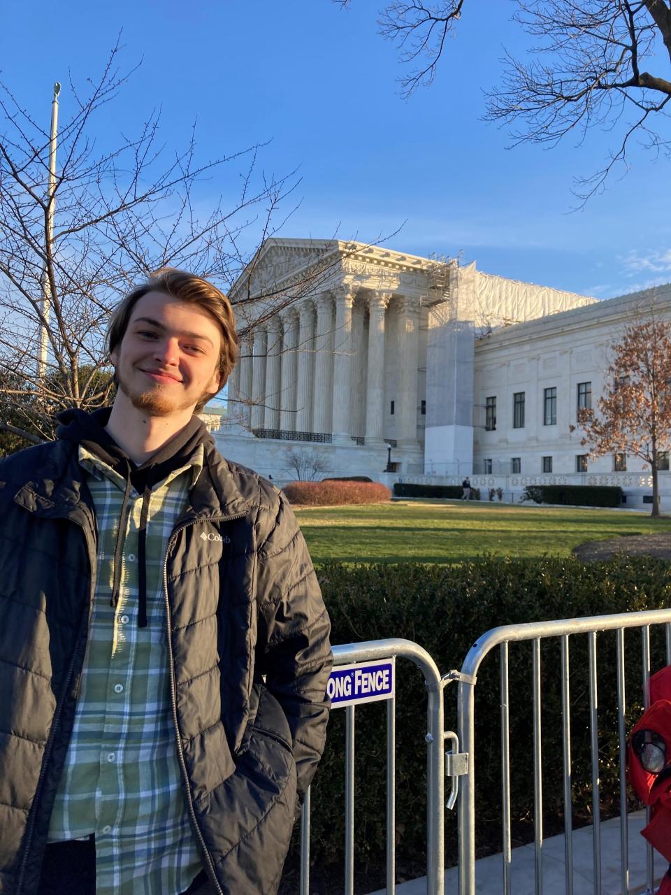 Landon Eckard, 22, a law student at Elon University Law School in Greensboro, N.C., was one of the first people in line to attend on Feb. 8, 2024, the Supreme Court's oral arguments on whether former President Donald Trump is disqualified for the presidency.