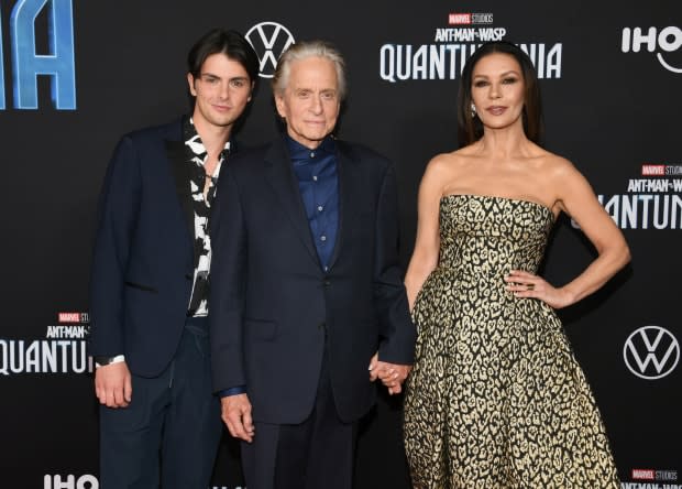 Dylan Michael Douglas, Michael Douglas, and Catherine Zeta-Jones attend Marvel Studios' “Ant-Man And The Wasp: Quantumania" at Regency Village Theatre on Feb. 06, 2023, in Los Angeles.<p><a href="https://www.gettyimages.com/detail/1463672968" rel="nofollow noopener" target="_blank" data-ylk="slk:Jon Kopaloff/Getty Images;elm:context_link;itc:0;sec:content-canvas" class="link ">Jon Kopaloff/Getty Images</a></p>