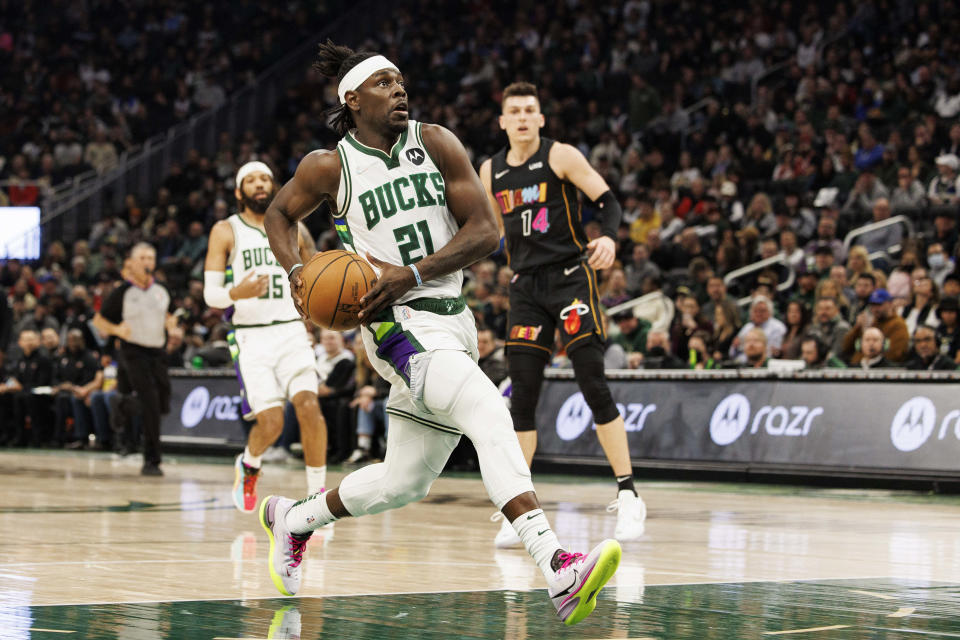 Mar 2, 2022; Milwaukee, Wisconsin, USA; Milwaukee Bucks guard Jrue Holiday (21) moves for the basket during the second quarter against the Miami Heat at Fiserv Forum. Mandatory Credit: Jeff Hanisch-USA TODAY Sports