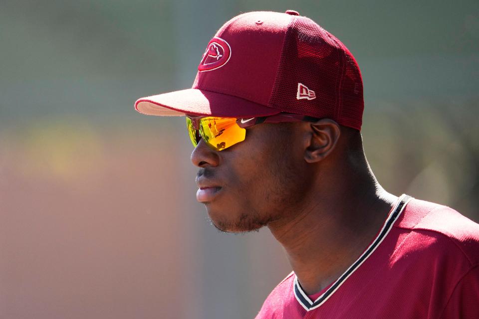 Mar 14, 2022; Scottsdale, AZ, USA; Arizona Diamondbacks outfielder Kristian Robinson during spring training practice at Salt River Fields.