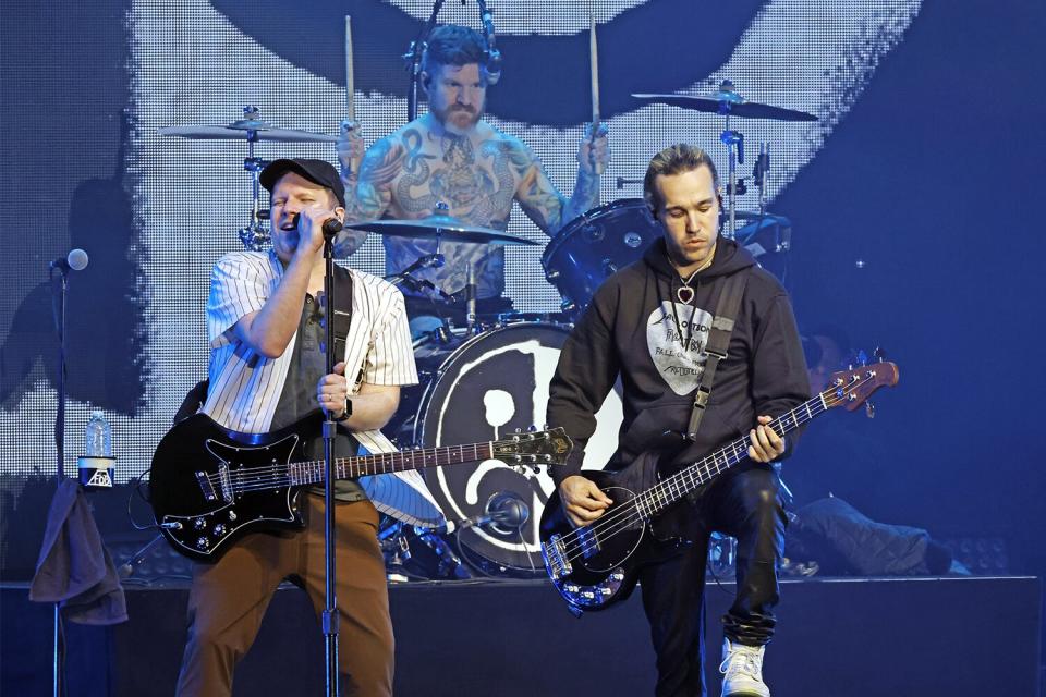 INGLEWOOD, CALIFORNIA - JANUARY 14: (FOR EDITORIAL USE ONLY) (L-R) Patrick Stump, Andy Hurley, and Pete Wentz of Fall Out Boy perform onstage at the 2023 iHeartRadio ALTer EGO Presented by Capital One at The Kia Forum on January 14, 2023 in Inglewood, California. (Photo by Kevin Winter/Getty Images for iHeartRadio)