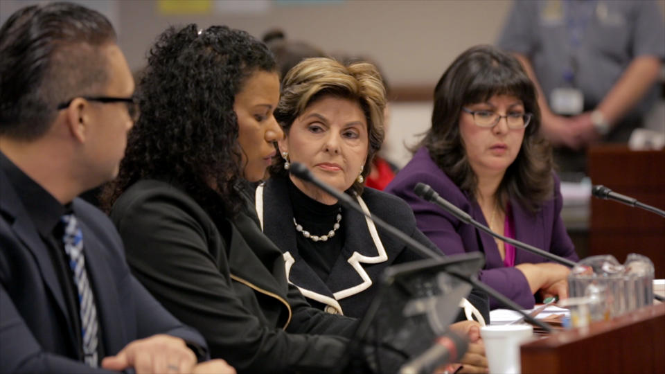 Gloria Allred at one of her press conferences in "Seeing Allred." (Photo: Netflix)