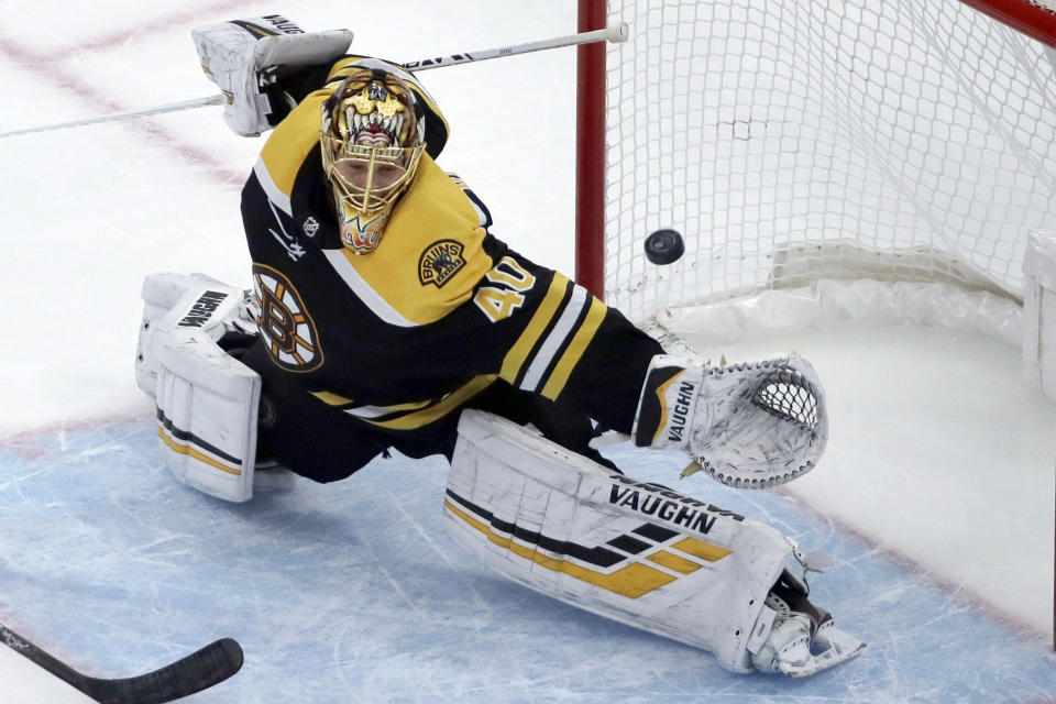 Boston Bruins goaltender Tuukka Rask (40) cannot make a save on a goal by Columbus Blue Jackets center Pierre-Luc Dubois in the overtime period of an NHL hockey game, Thursday, Jan. 2, 2020, in Boston. (AP Photo/Elise Amendola)