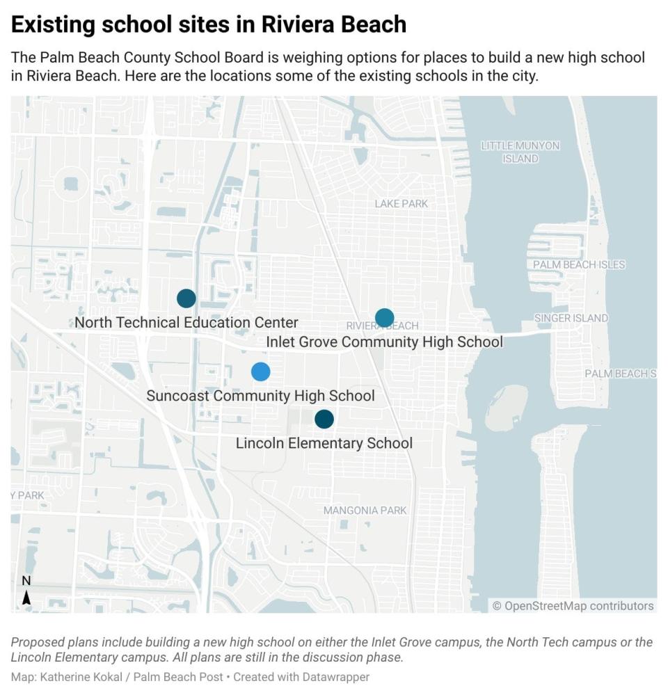 Ideas for a new Riviera Beach High School include building a new high school on either the Inlet Grove campus, the North Tech campus or the Lincoln Elementary campus. School district staff said Wednesday it's likely the plans will be put on hold due to budget uncertainty.