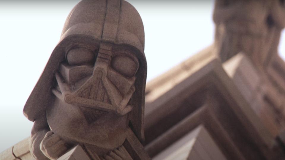 A Darth Vader mask grotesque from the Washington National Cathedral. Darth Vader decorates the church.