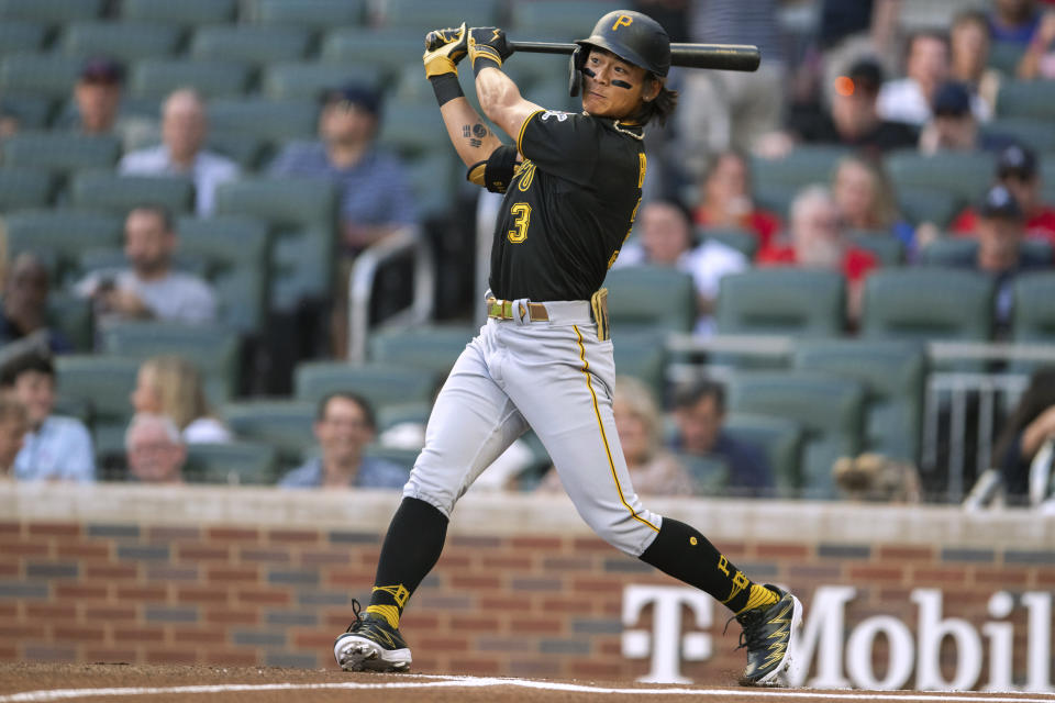 Pittsburgh Pirates' Ji Hwan Bae follows through on a double during the first inning of the team's baseball game against the Atlanta Braves, Friday, Sept. 8, 2023, in Atlanta. (AP Photo/Hakim Wright Sr.)