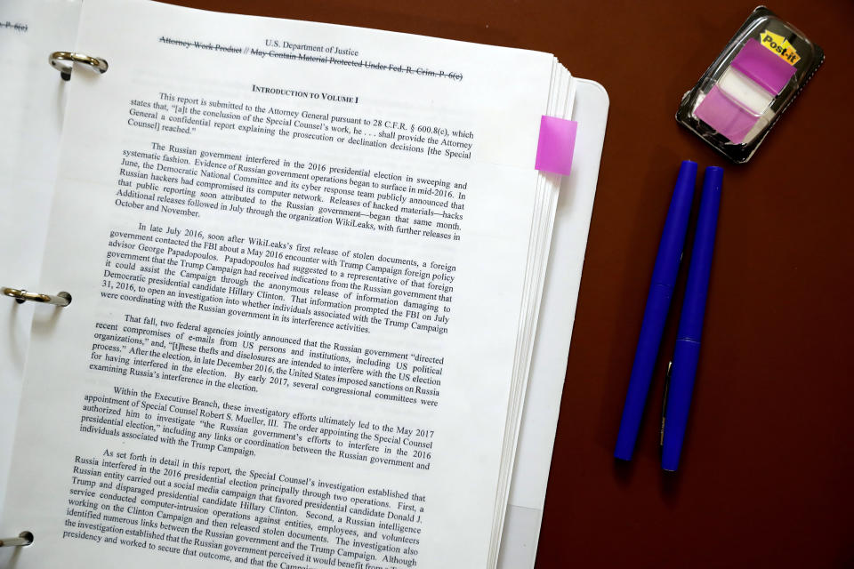 WASHINGTON, DC - MAY 16: A copy of all 448 pages of the Mueller Report are set out and ready for members of the House of Representatives to read in the Rules Committee hearing room at the U.S. Capitol May 16, 2019 in Washington, DC. Democratic members of the House are doing a marathon reading of special counsel Robert Mueller's report on Russian interference in the 2016 presidential election, which is expected to take more than 12 hours. (Photo by Chip Somodevilla/Getty Images)