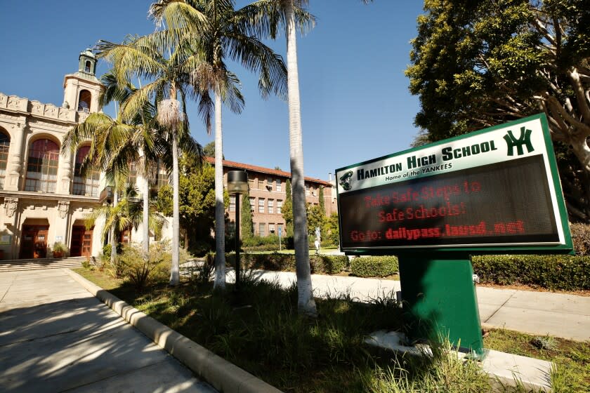 LOS ANGELES CA OCTOBER 26, 2021 - Exterior of Hamilton High School, where there is a report of a possible sexual assault in the boy's bathroom that has prompted an ongoing investigation Tuesday. Although the Los Angeles Police Department has not confirmed any details about the incident, there are anonymous reports it involved a sexual assault that occurred last week, at the school located at 2955 S. Robertson Blvd. in the Palms neighborhood. (Al Seib / Los Angeles Times)