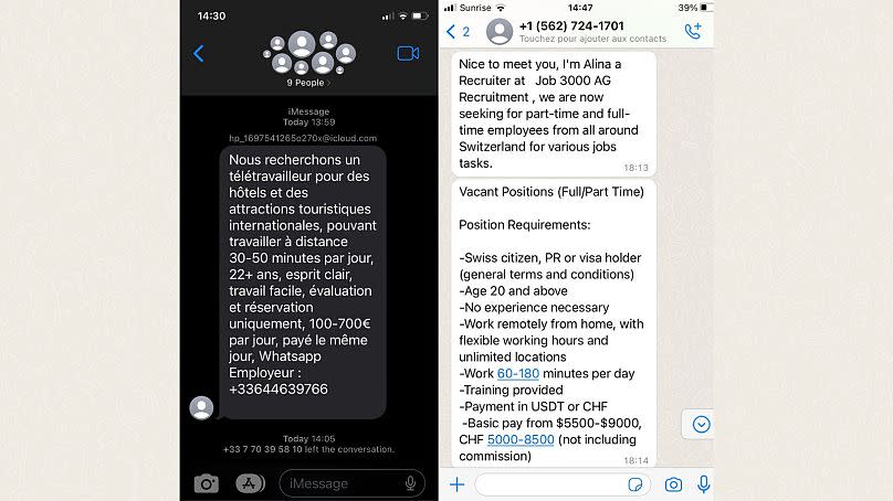 Messages are tailored to WhatsApp users' country codes. Here a message targetting a French user mentions euros, and one targetting a Swiss user mentions Swiss Francs.