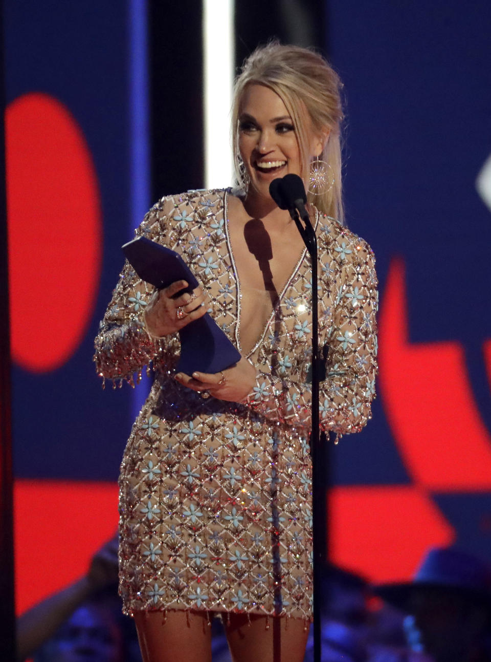 Carrie Underwood accepts the award for female video of the year for "Love Wins" at the CMT Music Awards on Wednesday, June 5, 2019, at the Bridgestone Arena in Nashville, Tenn. (AP Photo/Mark Humphrey)