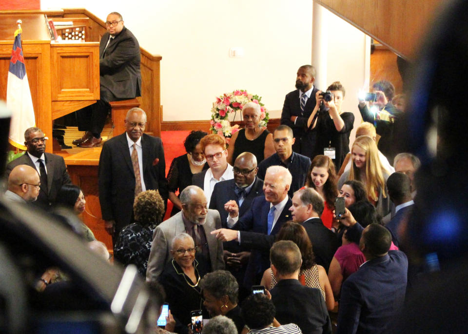 Former Vice President and presidential candidate Joe Biden attends a service at 16th Street Baptist Church in Birmingham, Ala., Sunday, Sept. 15, 2019. Visiting the black church bombed by the Ku Klux Klan in the civil rights era, Democratic presidential candidate Biden said Sunday the country hasn't "relegated racism and white supremacy to the pages of history" as he framed current tensions in the context of the movement's historic struggle for equality. (Ivana Hrynkiw/The Birmingham News via AP)