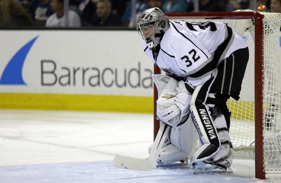 Los Angeles Kings goalie Jonathan Quick rests during a stoppage of play during the second period of Game 2 of an NHL hockey first-round playoff series against the San Jose Sharks Sunday, April 20, 2014, in San Jose, Calif. (AP Photo/Ben Margot)